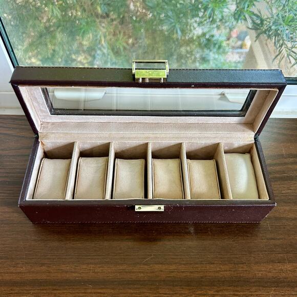 Vintage Brown Faux Leather 6 Slot Watch Box with Glass Lid and Cushions - Picture 1 of 16
